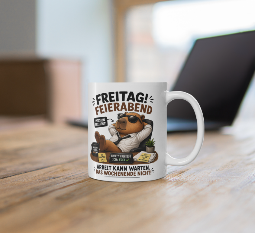 Weiße Capybara Tasse mit Freitag Feierabend Spruch und beidseitigem Motiv