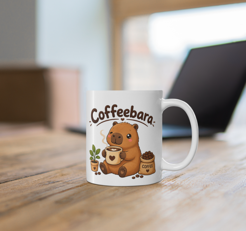Weiße Coffeebara Capybara Tasse mit Kaffeetasse, kleiner Pflanze und Kaffeebohnen