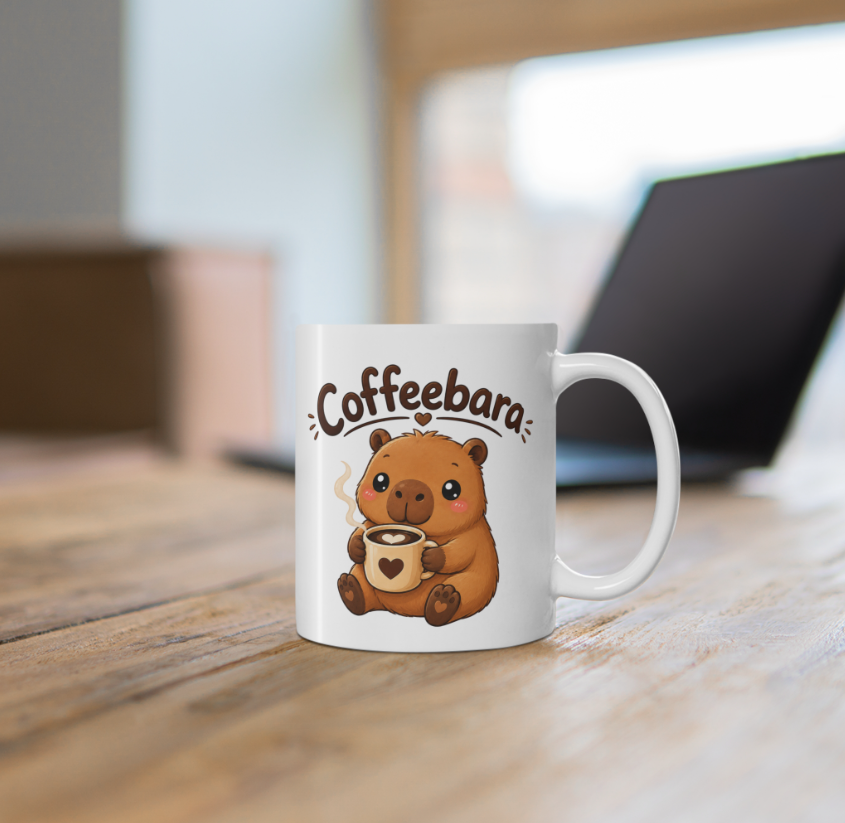 Weiße Coffeebara Tasse mit süßem Capybara, dampfender Kaffeetasse und Herzmotiv