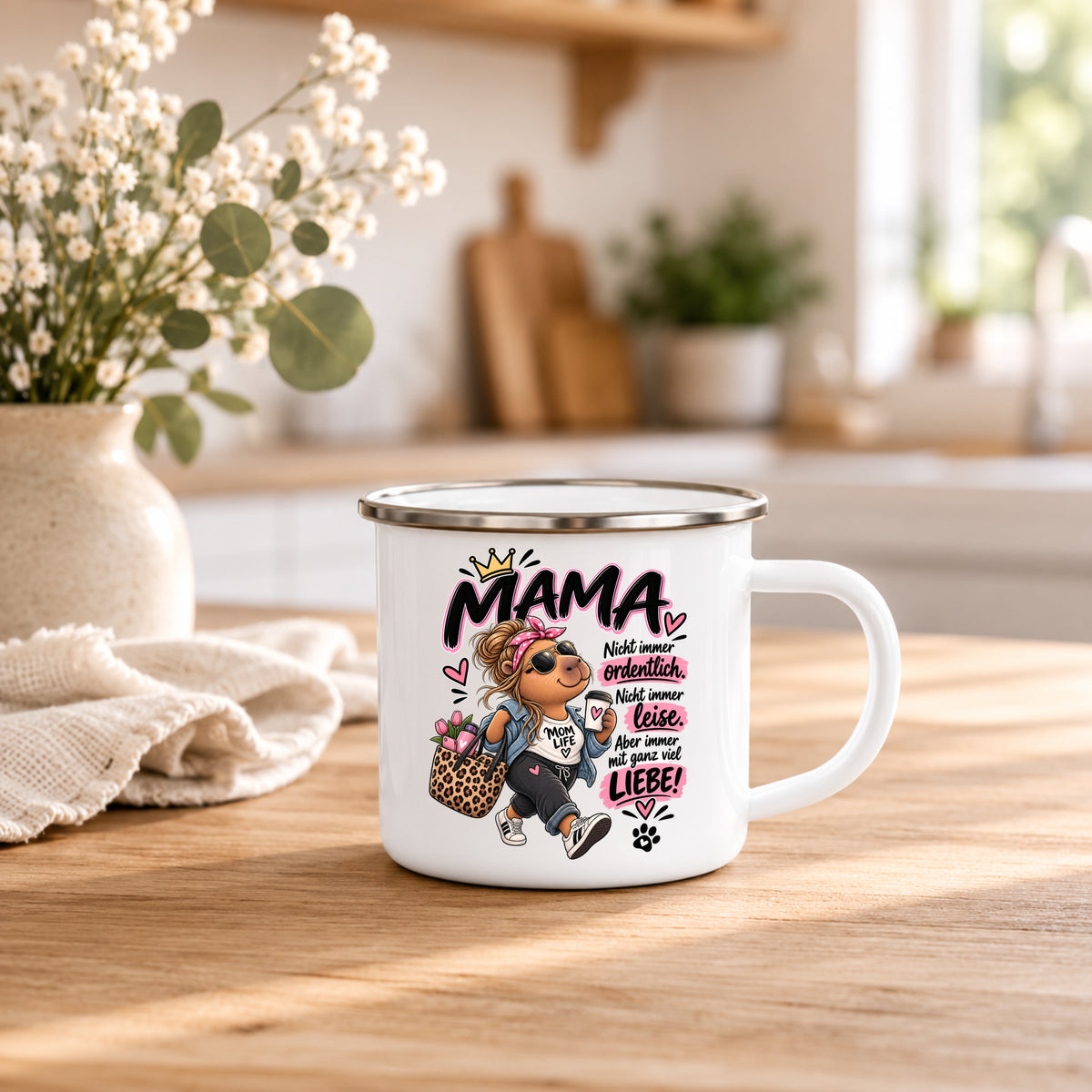 Weiße Emaille Tasse Mama 350 ml mit Spruch Nicht immer ordentlich nicht immer leise aber immer mit ganz viel Liebe