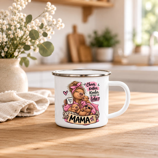 Weiße Emaille Tasse Mama 350 ml mit Spruch Nicht perfekt aber verdammt glücklich und rosa Mama Motiv