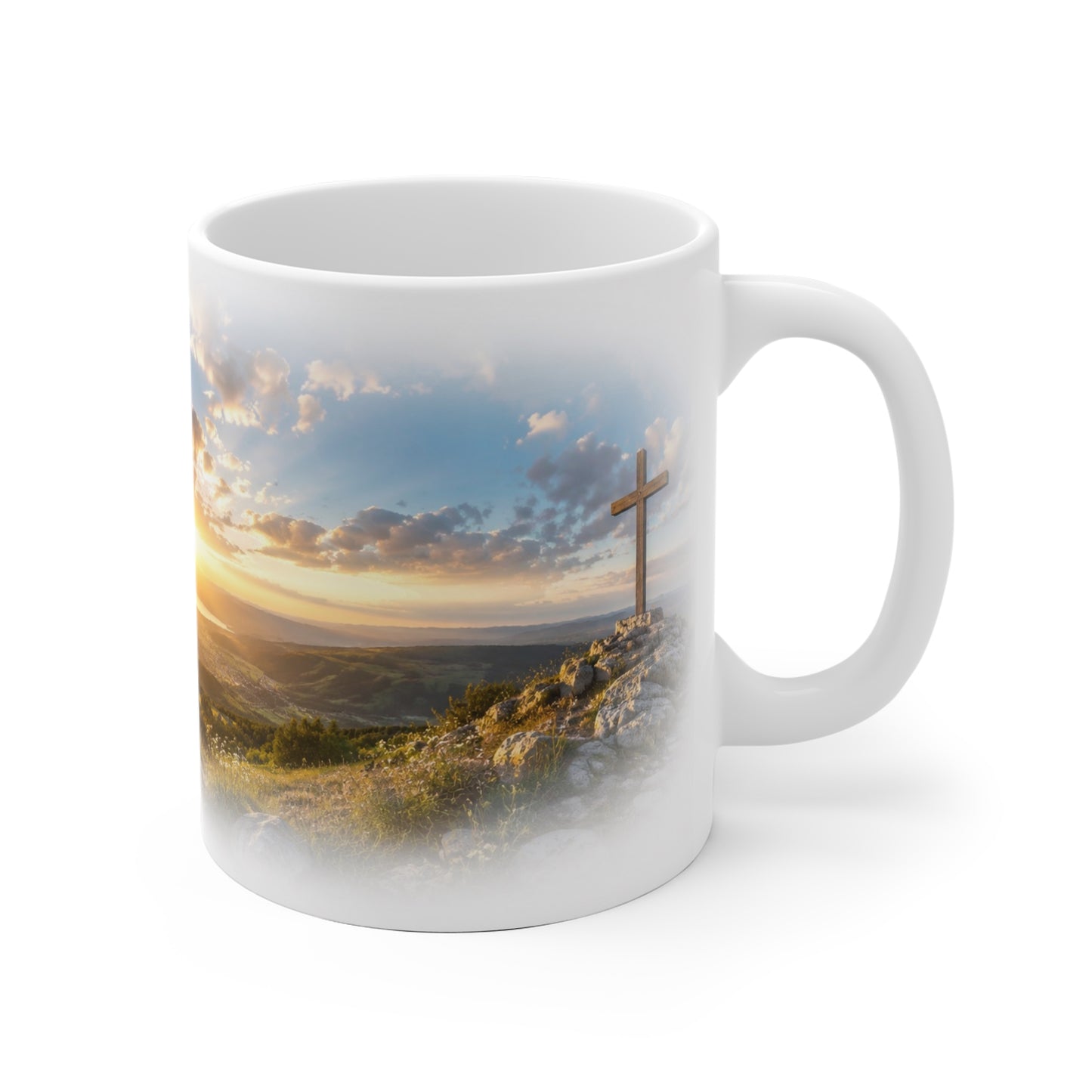 Weiße Glaubens Tasse mit leuchtendem Sonnenuntergang über Bergen und Tal als Symbol für Hoffnung und Zuversicht