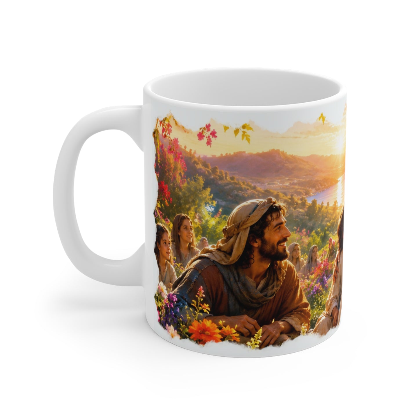 Weiße Jesus Tasse mit Menschen zwischen bunten Blumen vor Bergen und leuchtender Abendlandschaft