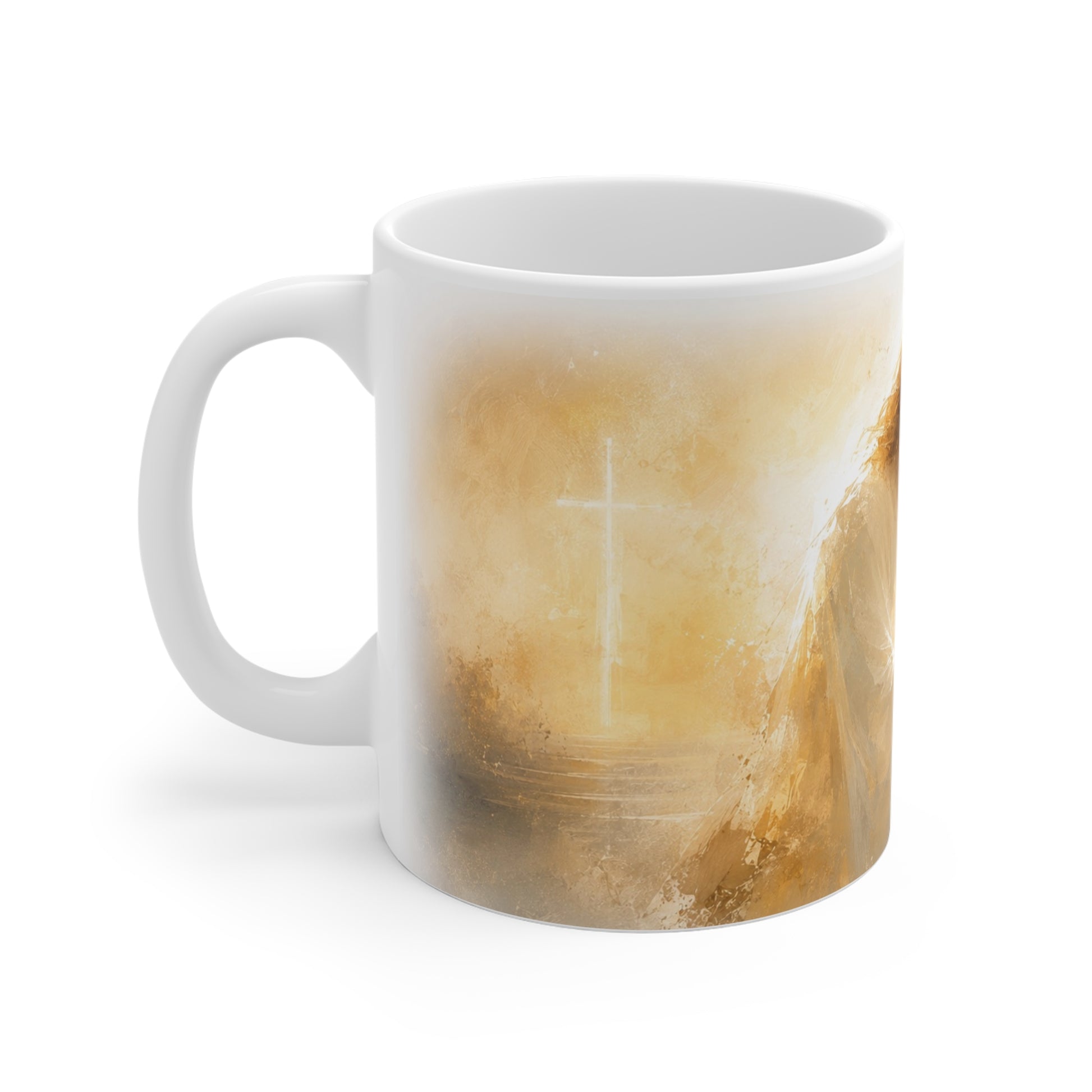 Weiße Jesus Tasse mit dezentem Kreuz und abstraktem christlichem Motiv in warmen Goldtönen