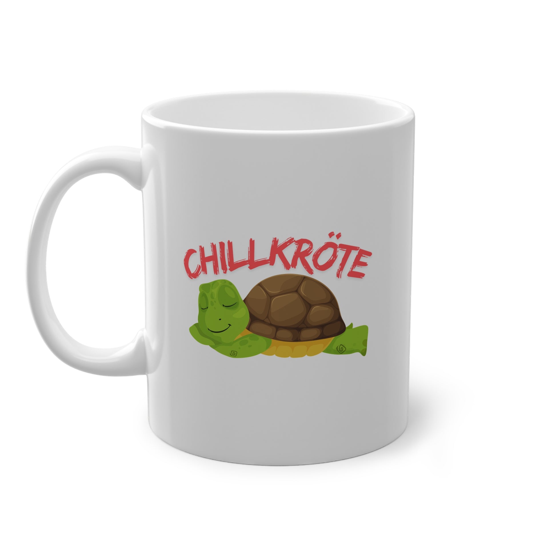 Weiße Keramiktasse mit niedlicher Schildkröte und Schriftzug „Chillkröte“