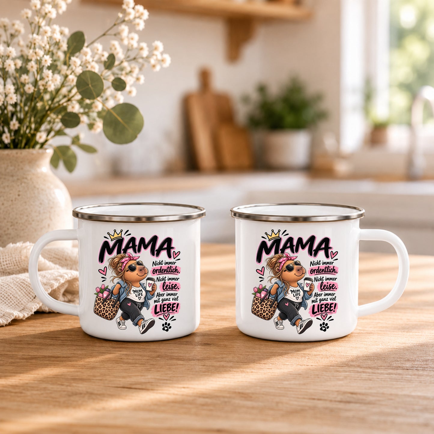 Weiße Mama Emaille Tasse mit beidseitigem Motiv als Geschenk zum Muttertag Geburtstag oder Weihnachten