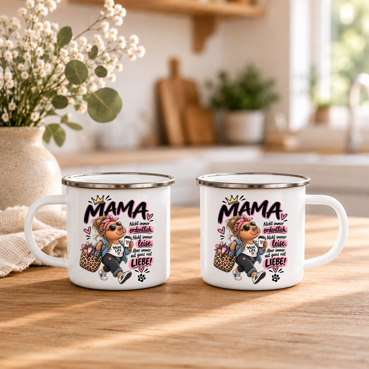 Weiße Mama Emaille Tasse mit beidseitigem Motiv als Geschenk zum Muttertag Geburtstag oder Weihnachten