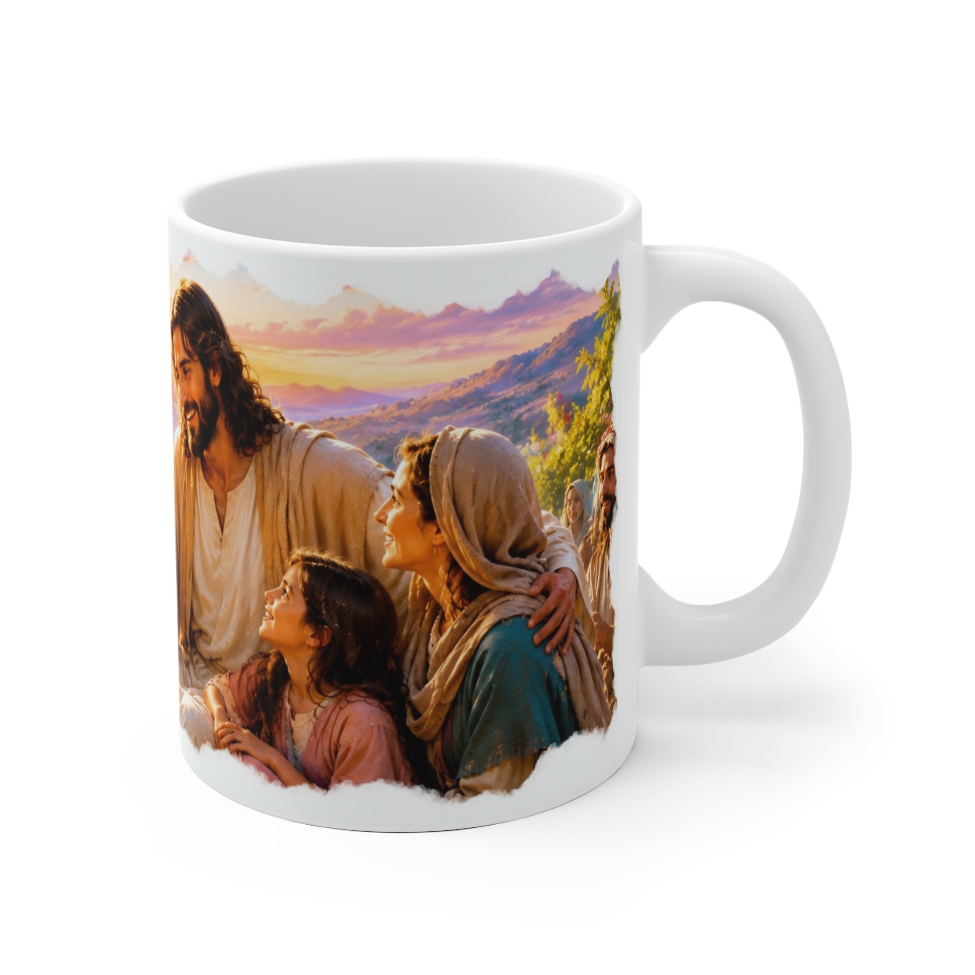 Weiße Tasse mit Jesus und Kind vor goldenem Sonnenuntergang, Blumen und idyllischer Landschaft