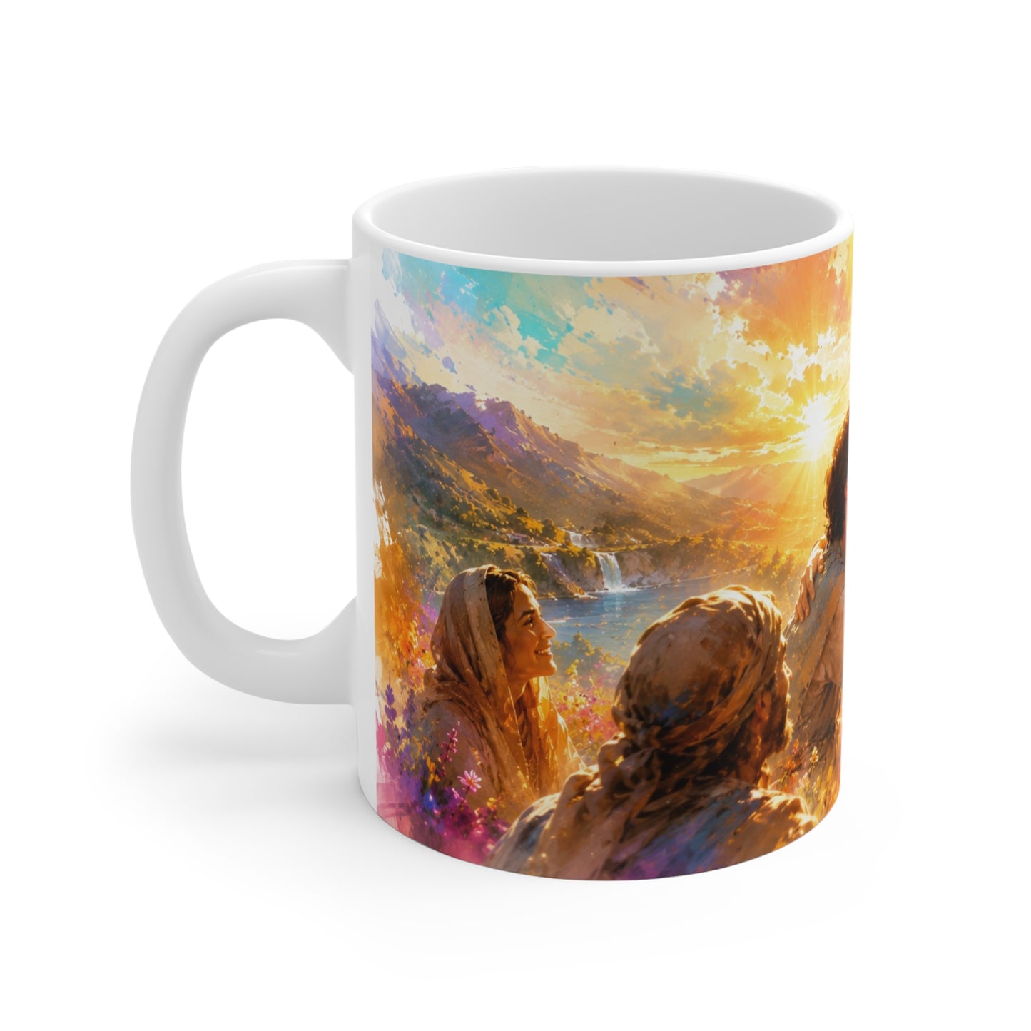 Weiße Tasse mit christlichem Motiv, Menschen und sonniger Berglandschaft im Aquarell-Stil