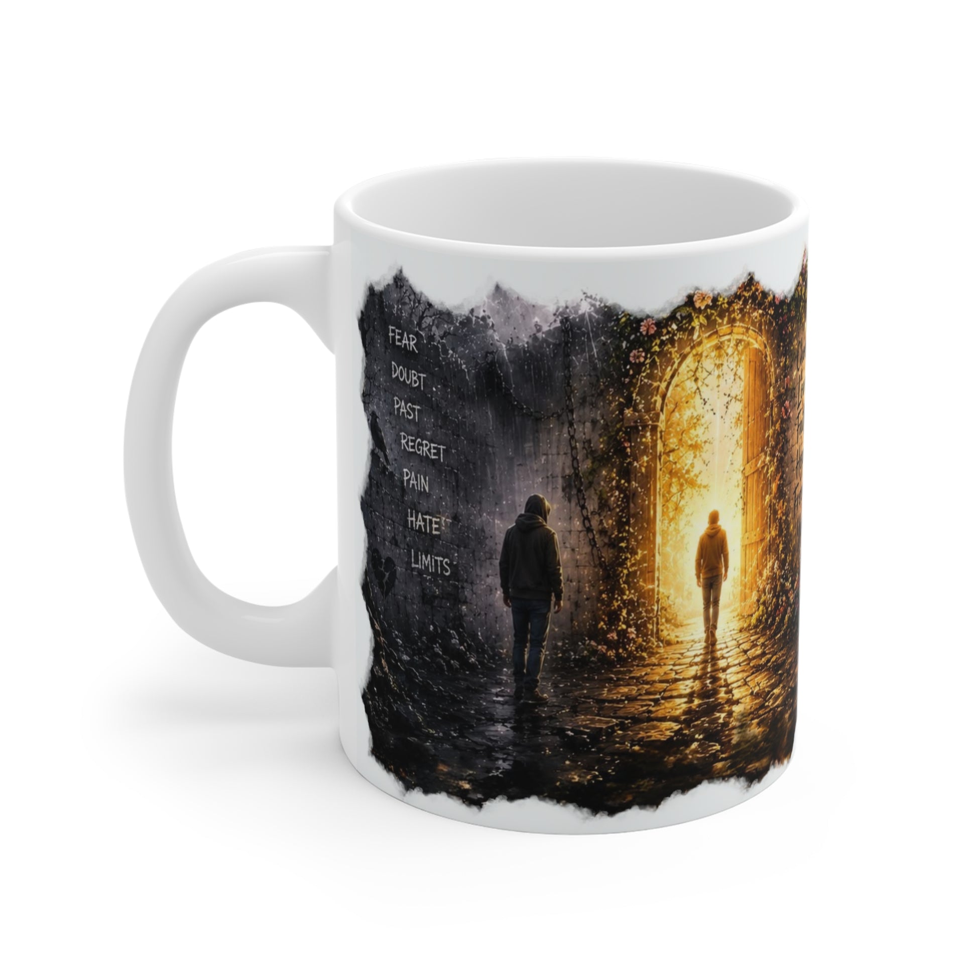 Weiße Tasse mit dunklem Weg, leuchtendem Tor und Begriffen Fear, Doubt, Past, Regret, Pain und Limits