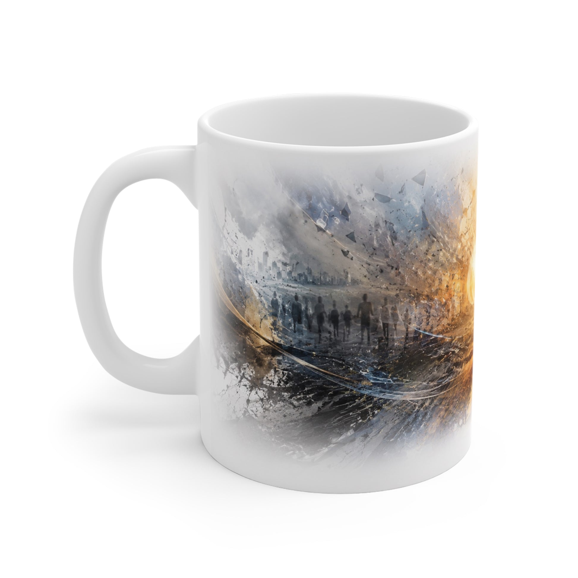 Weiße Tasse mit dunkler abstrakter Landschaft als Symbol für schwierige Zeiten