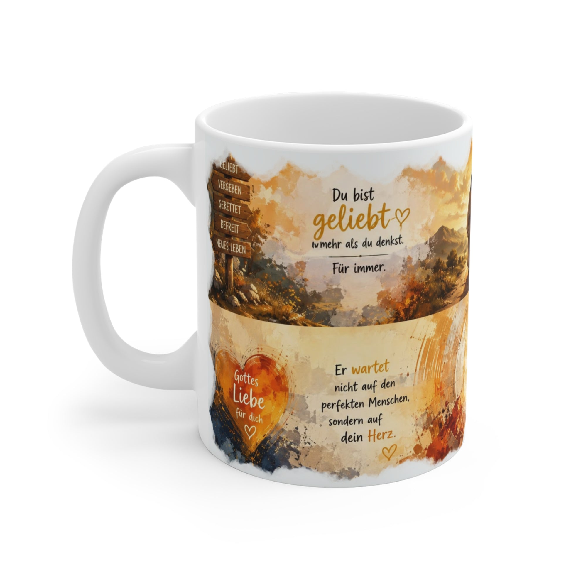 Weiße christliche Tasse mit Schriftzug „Du bist geliebt“ und „Gottes Liebe für dich“