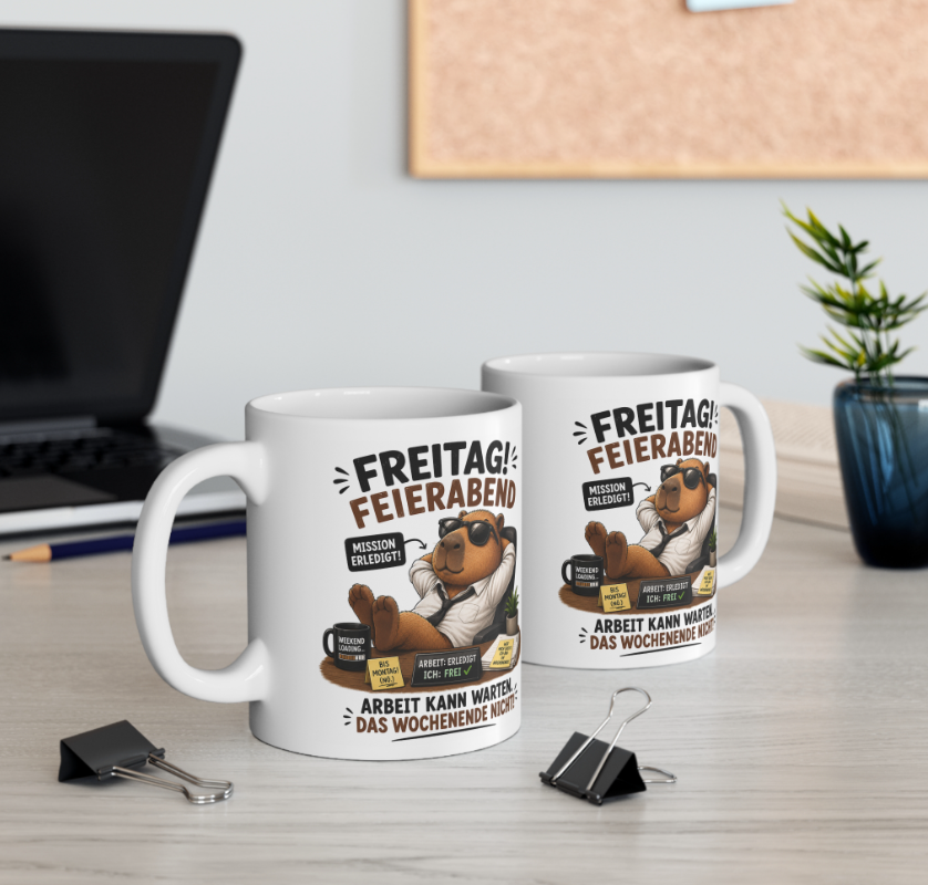 Zwei Capybara Tassen mit Freitag Feierabend Spruch auf einem Büroschreibtisch
