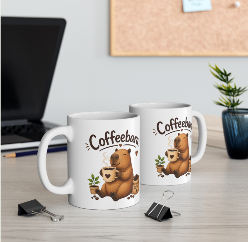 Zwei weiße Coffeebara Capybara Tassen mit niedlichem Capybara und Kaffeetasse auf einem Schreibtisch