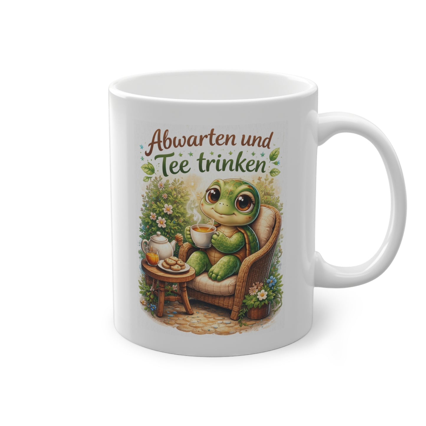 Lustige Teetasse mit Schildkröte im Sessel und Tee