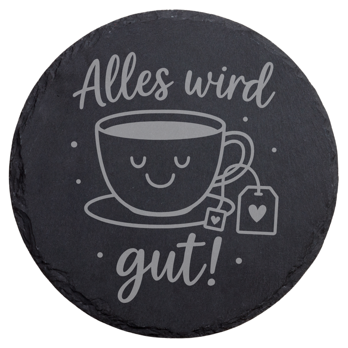 Schiefer Untersetzer Alles wird gut mit Teetasse, Runder Naturschiefer Untersetzer mit positiver Botschaft, Liebevoller Tee Untersetzer mit Herzmotiv, Mutmacher Geschenk für Teeliebhaber, Gravierter Untersetzer Alles wird gut
