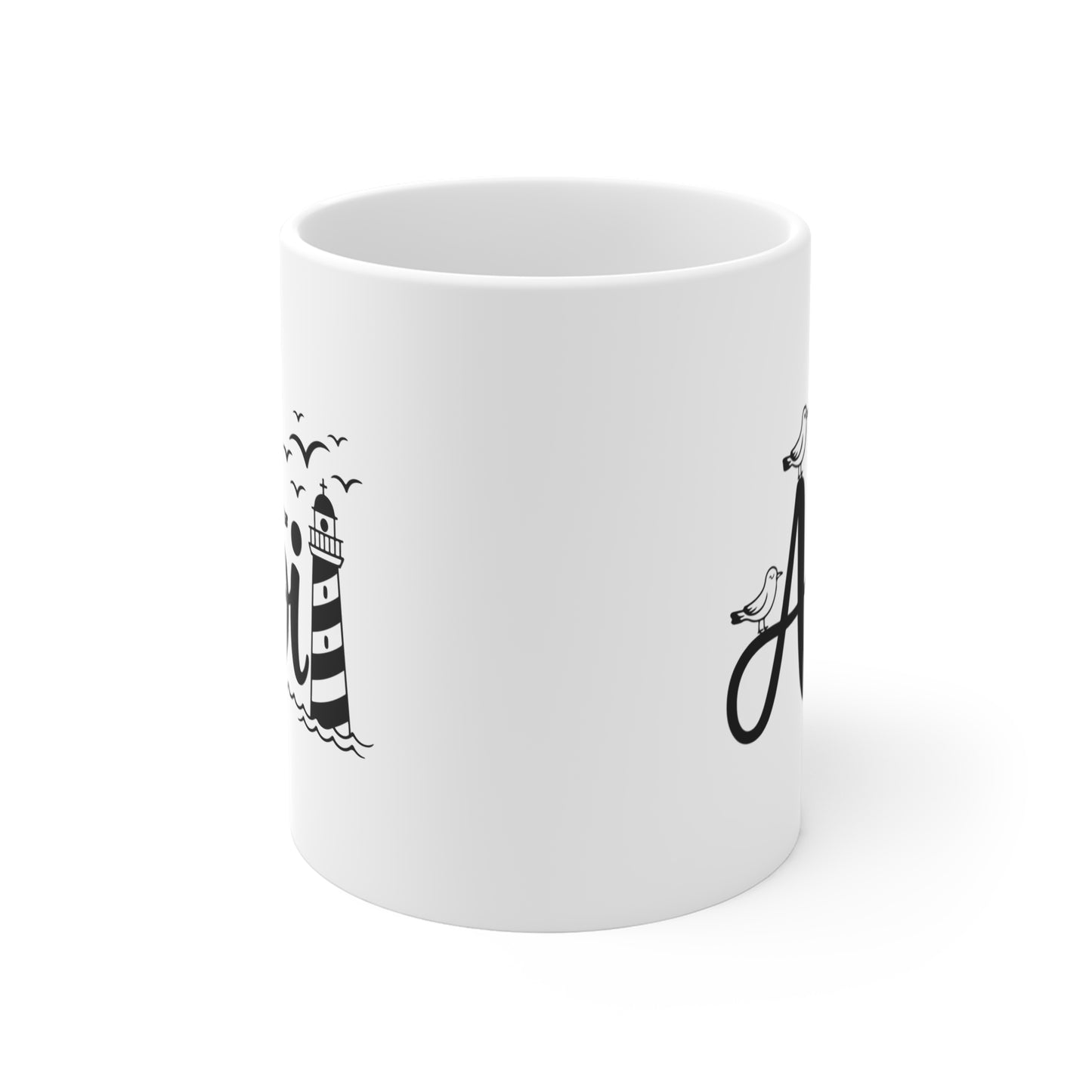 Ahoi Tasse – Maritime Keramiktasse mit Leuchtturm & Möwen | Nordsee Geschenk | Ostsee Becher | Küstenliebe | Meer Tasse