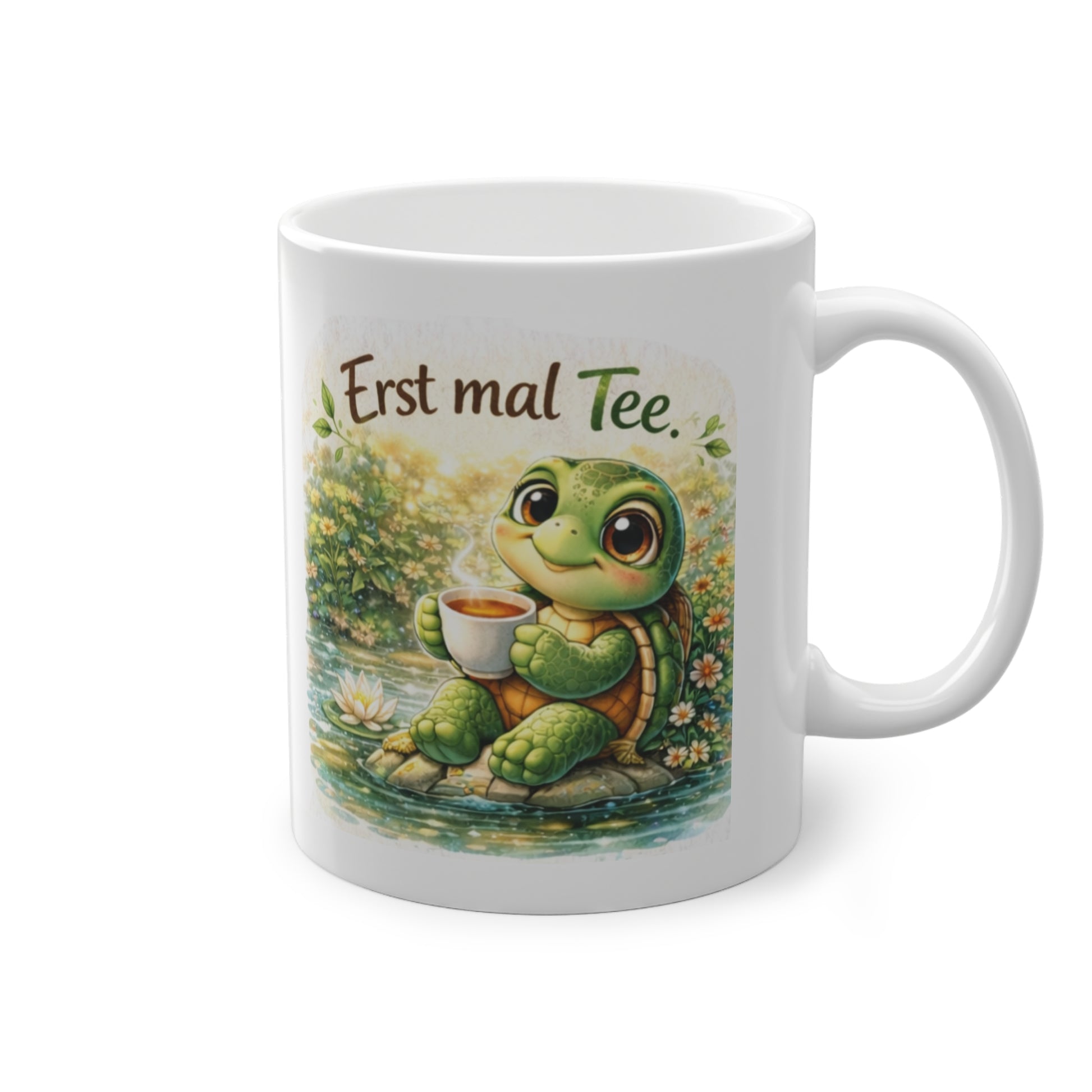 Lustige Teetasse mit Schildkröte am Wasser und Tee