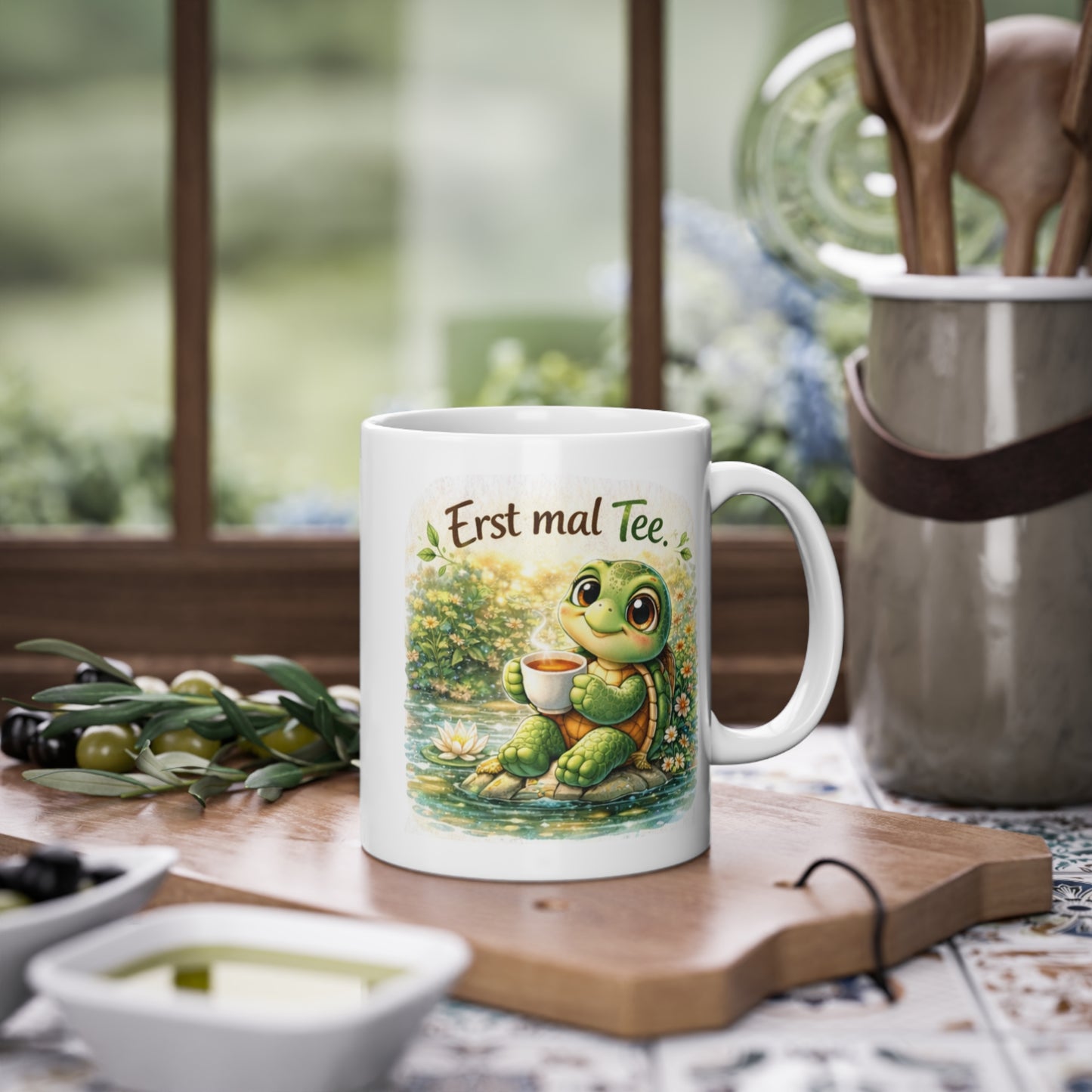 Schildkröten Teetasse in gemütlicher Küchen Szene