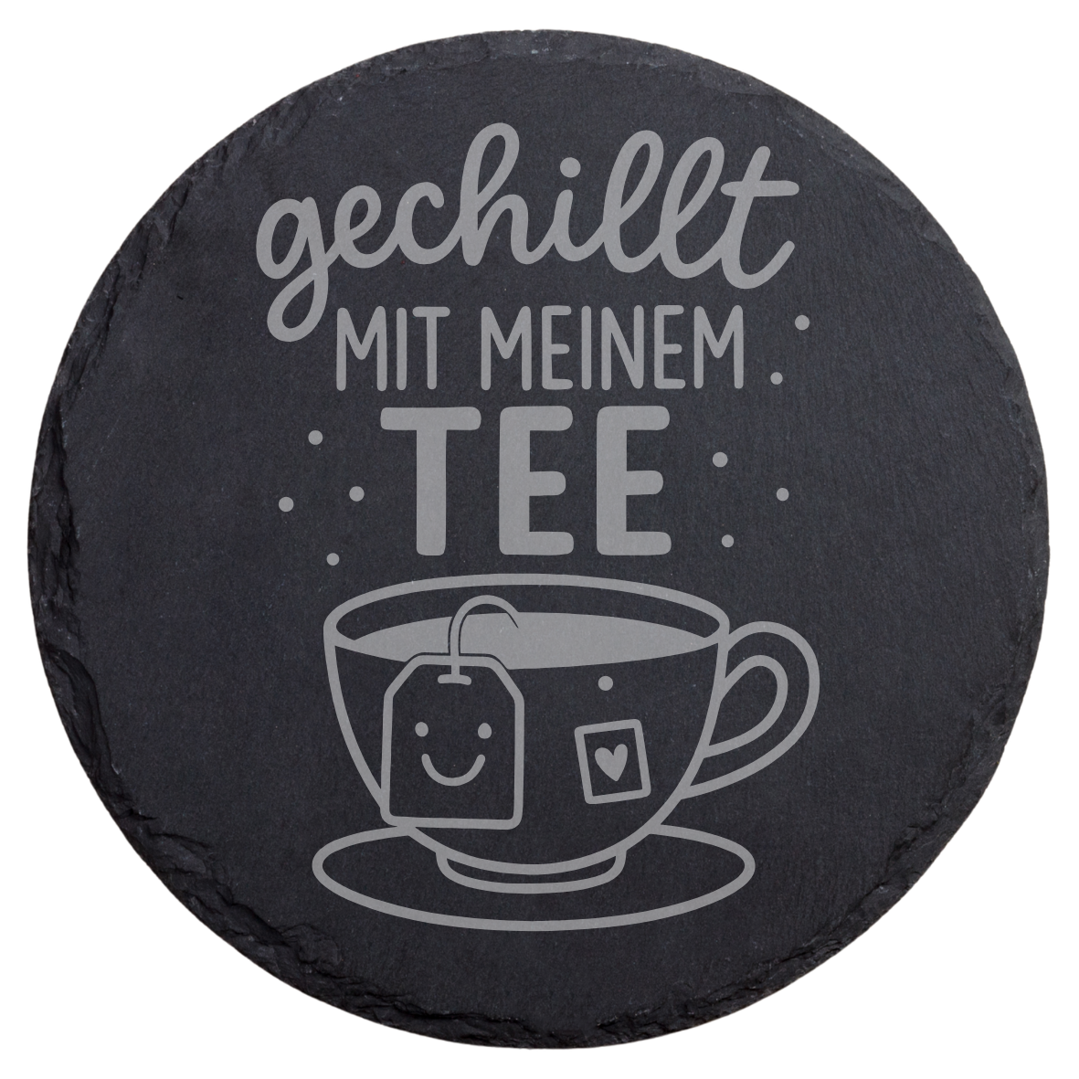 Schiefer Untersetzer gechillt mit meinem Tee, Runder Tee Untersetzer mit Teebeutel Gesicht, Gravierter Naturschiefer Untersetzer für entspannte Momente, Selfcare Geschenk mit Tee Motiv, Dekorativer Schiefer Untersetzer mit lustigem Teedesign