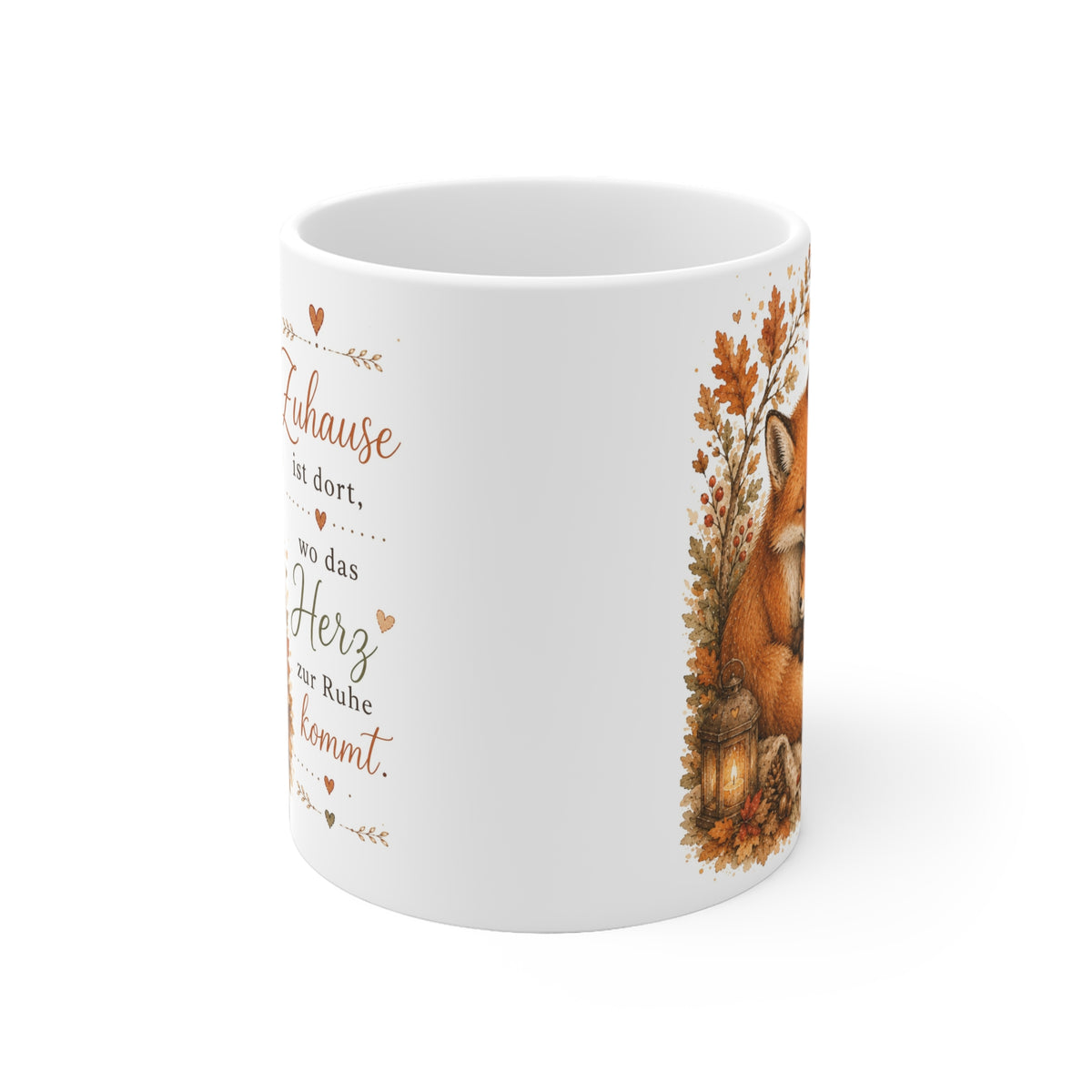 „Zuhause ist dort, wo das Herz zur Ruhe kommt.“ - Herbst-Tasse mit Fuchs-Motiv