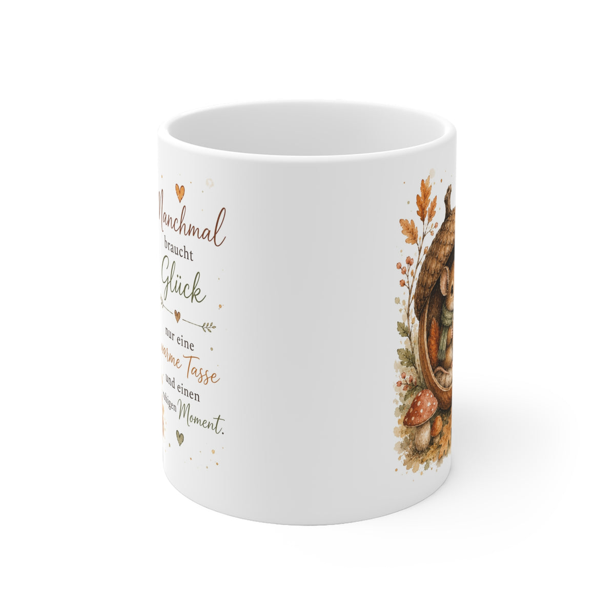 „Manchmal braucht Glück nur eine warme Tasse und einen ruhigen Moment.“ - Herbst-Tasse mit Maus in der Eichel