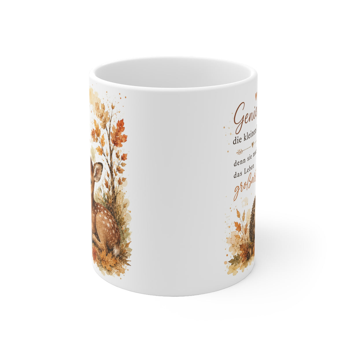 „Genieße die kleinen Dinge, denn sie machen das Leben großartig.“ - Herbst-Tasse mit Rehkitz und Igel