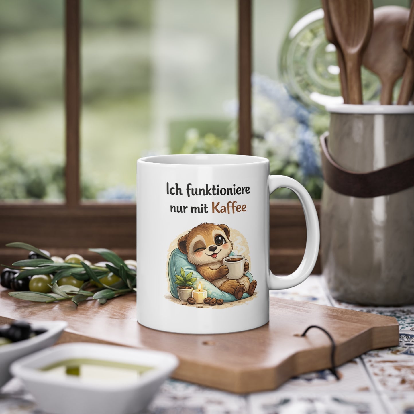 Erdmännchen Tasse mit Spruch Ich funktioniere nur mit Kaffee lustige Kaffeetasse Geschenk Büro Kollegen