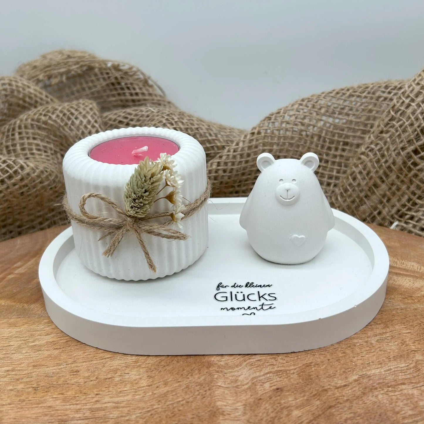 Deko-Set „Glücksmomente“ mit rosa Kerze & Bärchen