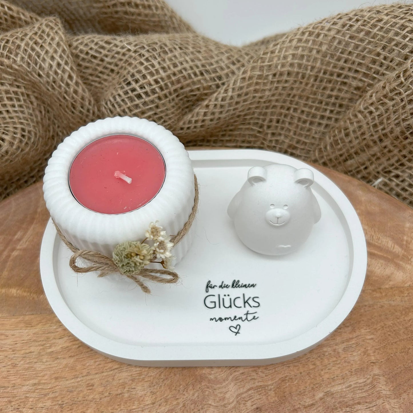 Deko-Set „Glücksmomente“ mit rosa Kerze & Bärchen