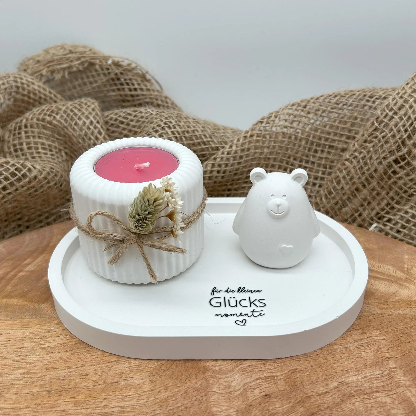 Deko-Set „Glücksmomente“ mit rosa Kerze & Bärchen