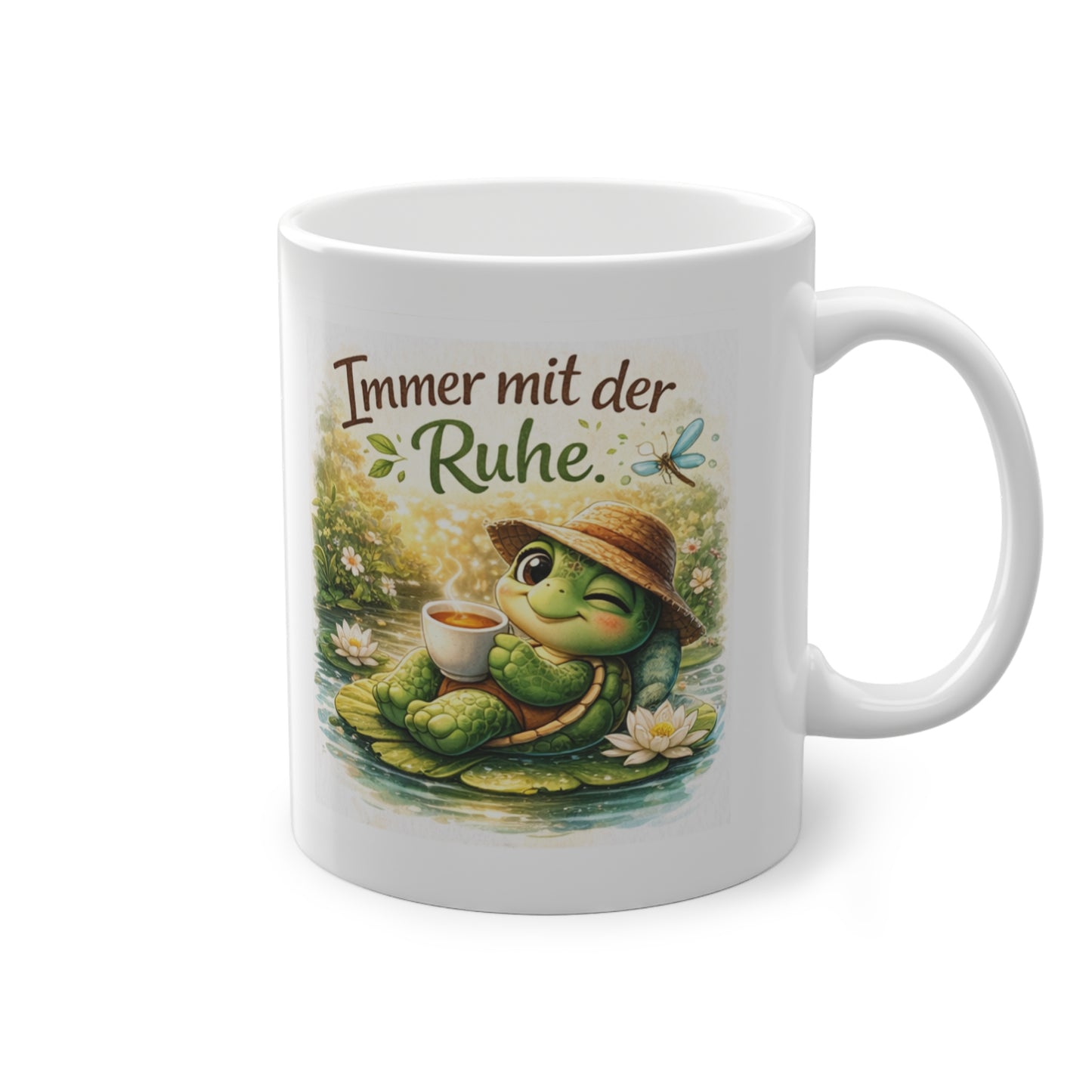 entspannte teetasse mit schildkröte auf seerose