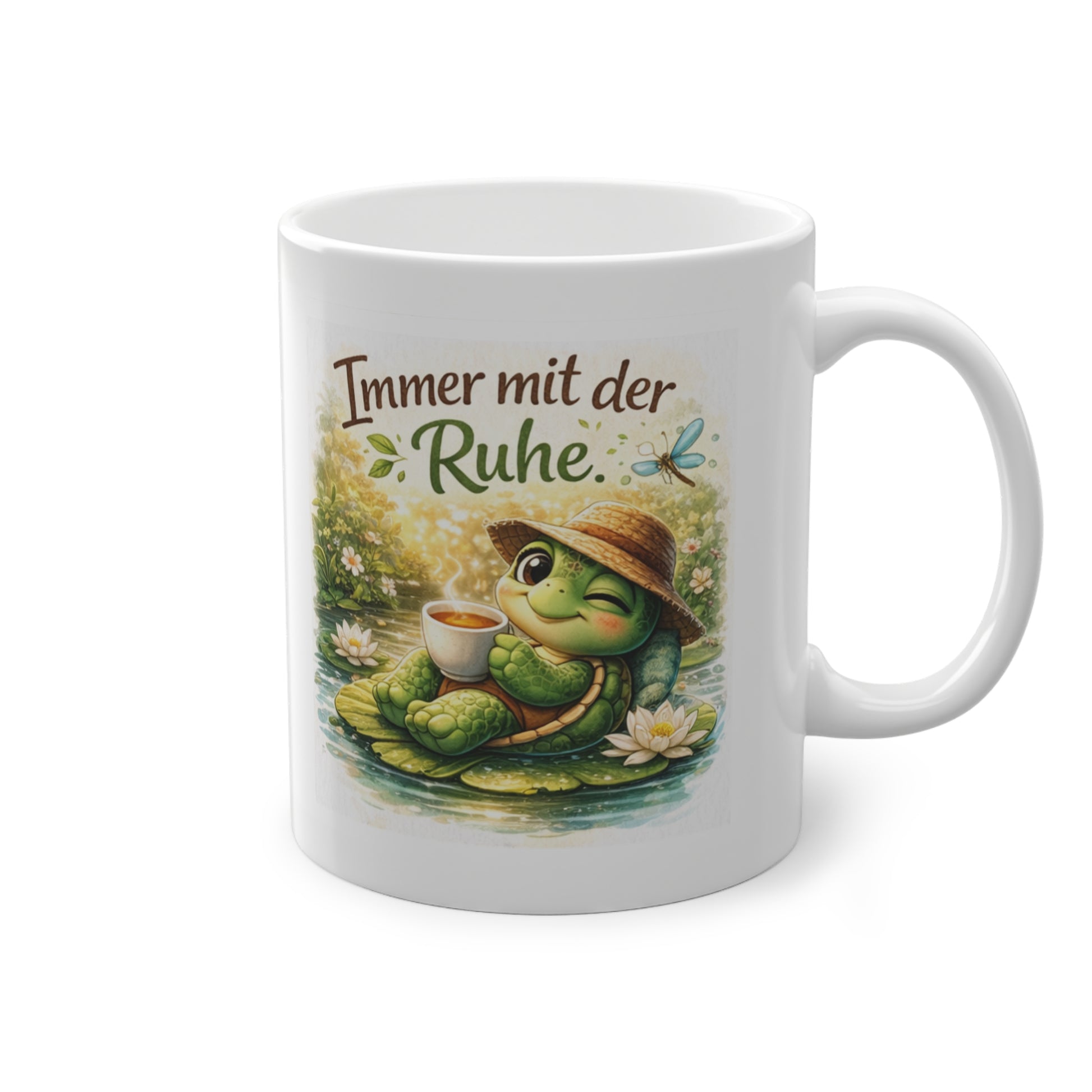 entspannte teetasse mit schildkröte auf seerose