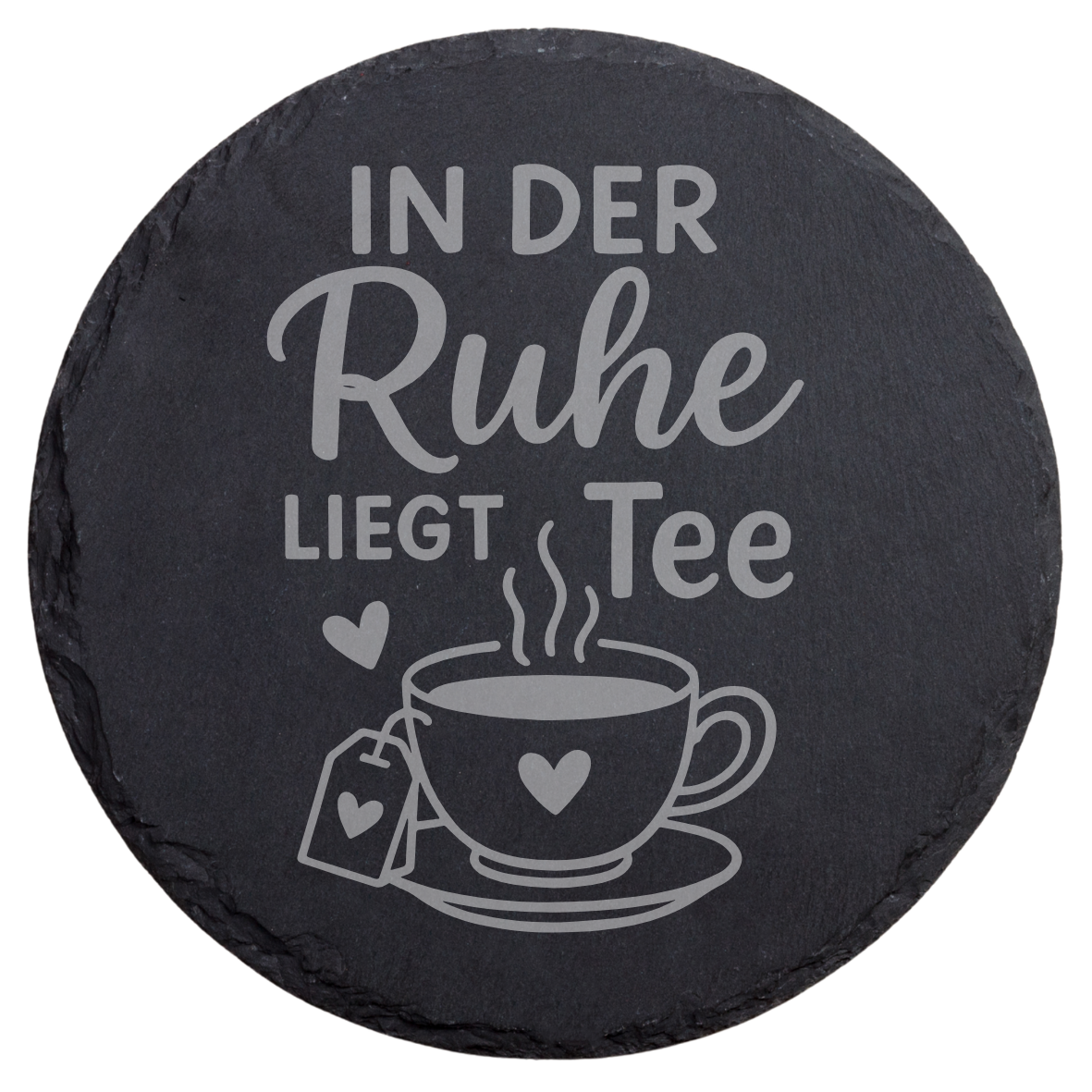 Schiefer Untersetzer In der Ruhe liegt Tee mit Tassenmotiv, Runder Naturschiefer Untersetzer mit Wortspiel, Achtsamkeit Geschenk für Teeliebhaber, Gravierter Schiefer Untersetzer mit Herz und Dampf, Dekorativer Tee Untersetzer für entspannte Momente