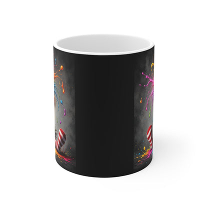 Rundum bedruckte Keramiktasse mit schwarzem Hintergrund und seitlich sichtbarem Vogelmotiv