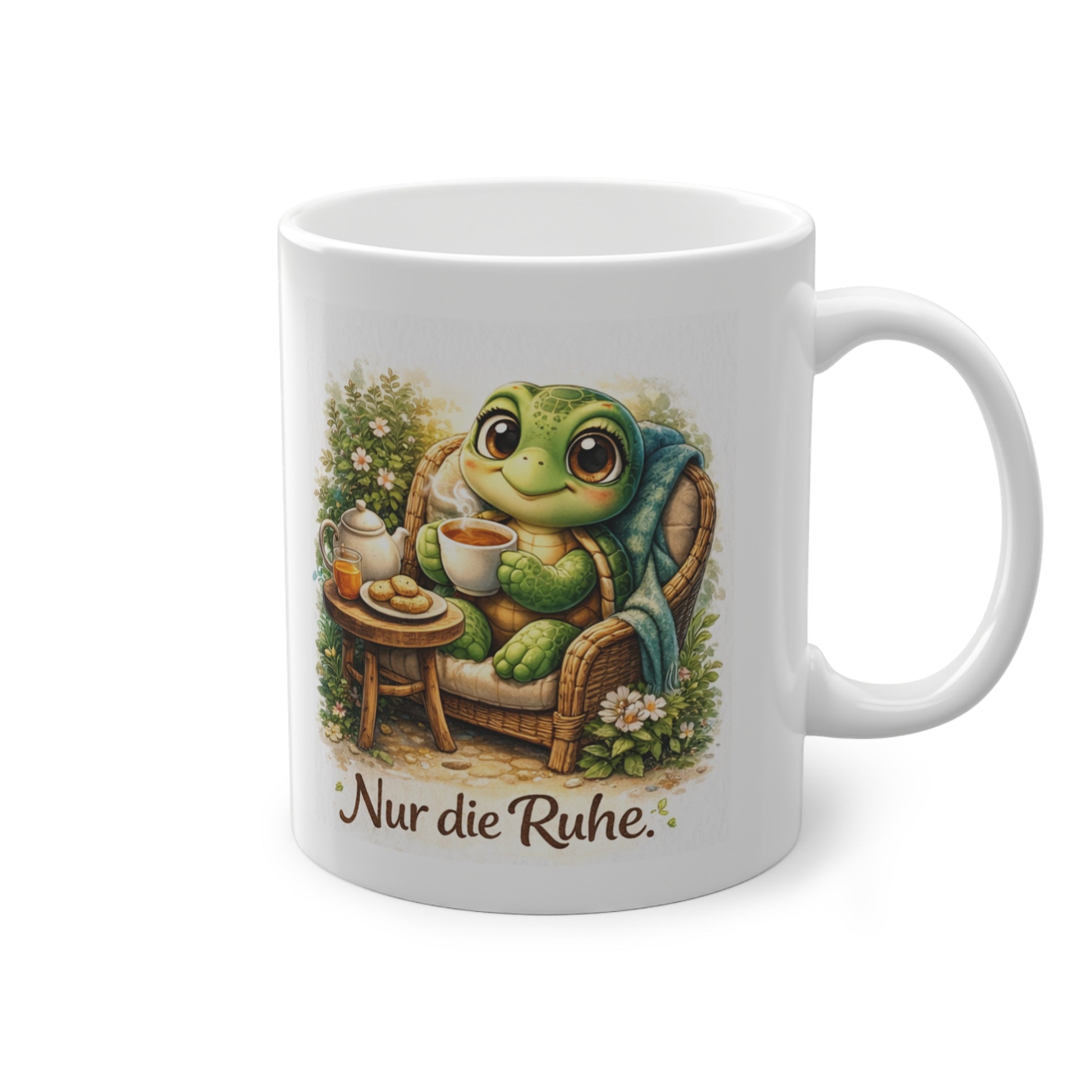 entspannte teetasse mit süßer schildkröte im sessel