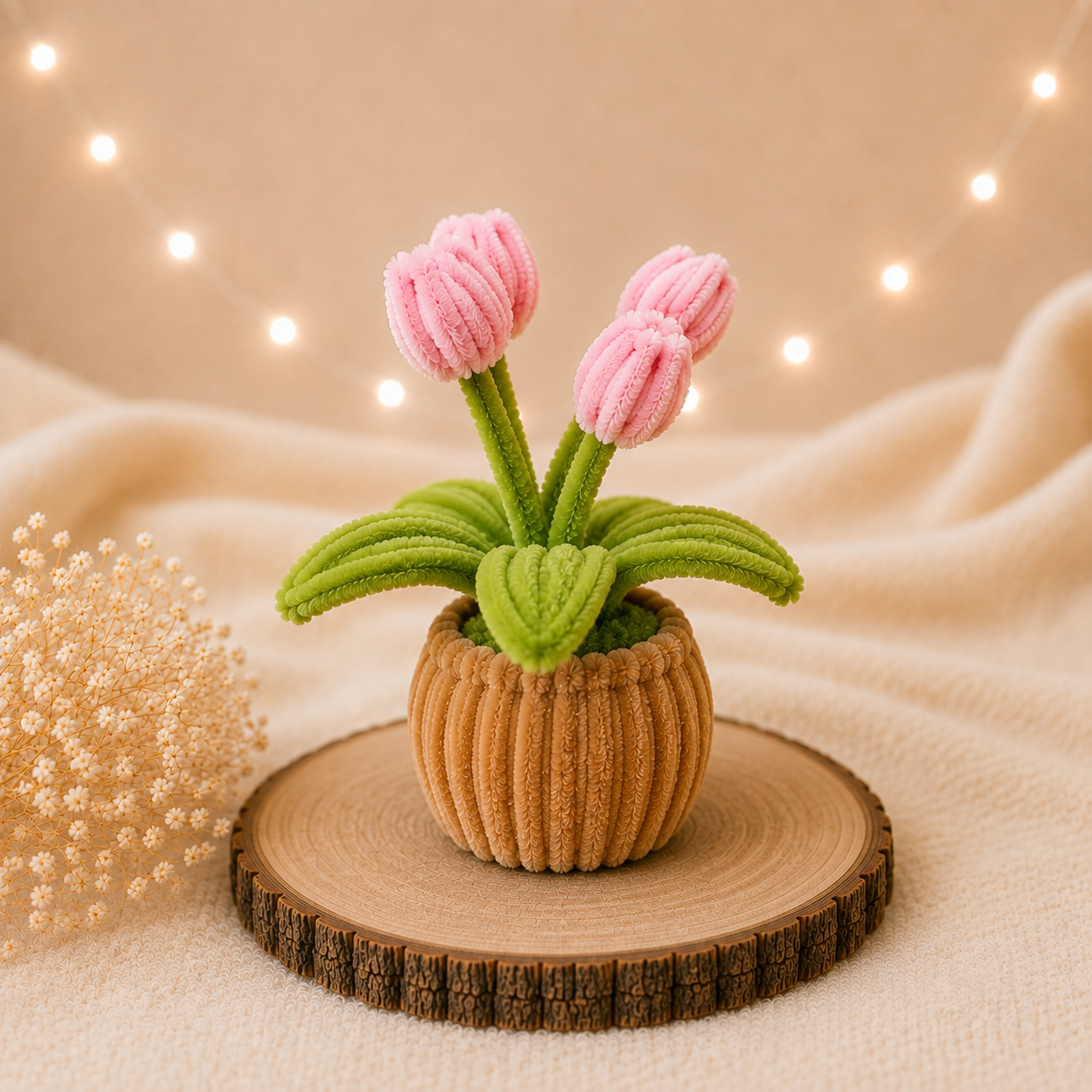 Handgefertigte rosa Tulpen-Deko aus Chenilledraht mit grünen Blättern und braunem Topf