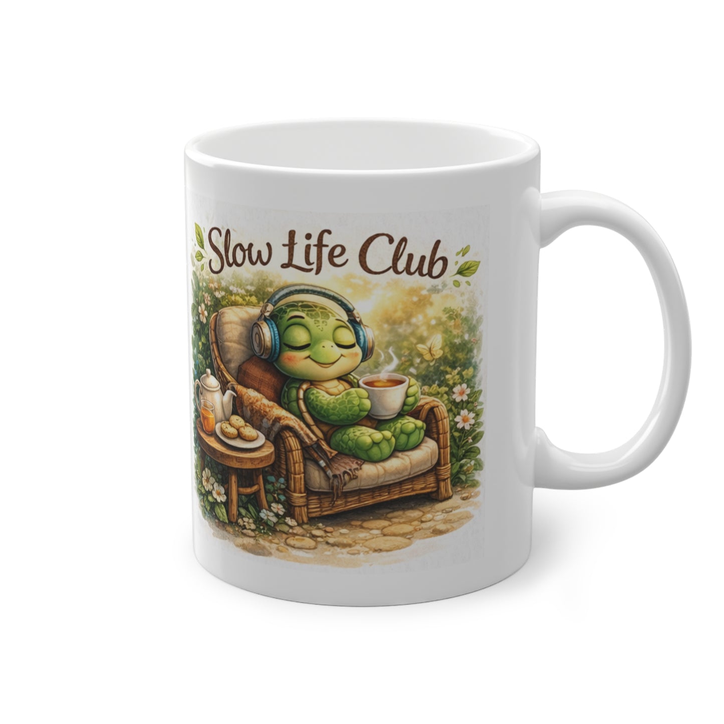 achtsamkeit tasse mit entspannter schildkröte und tee