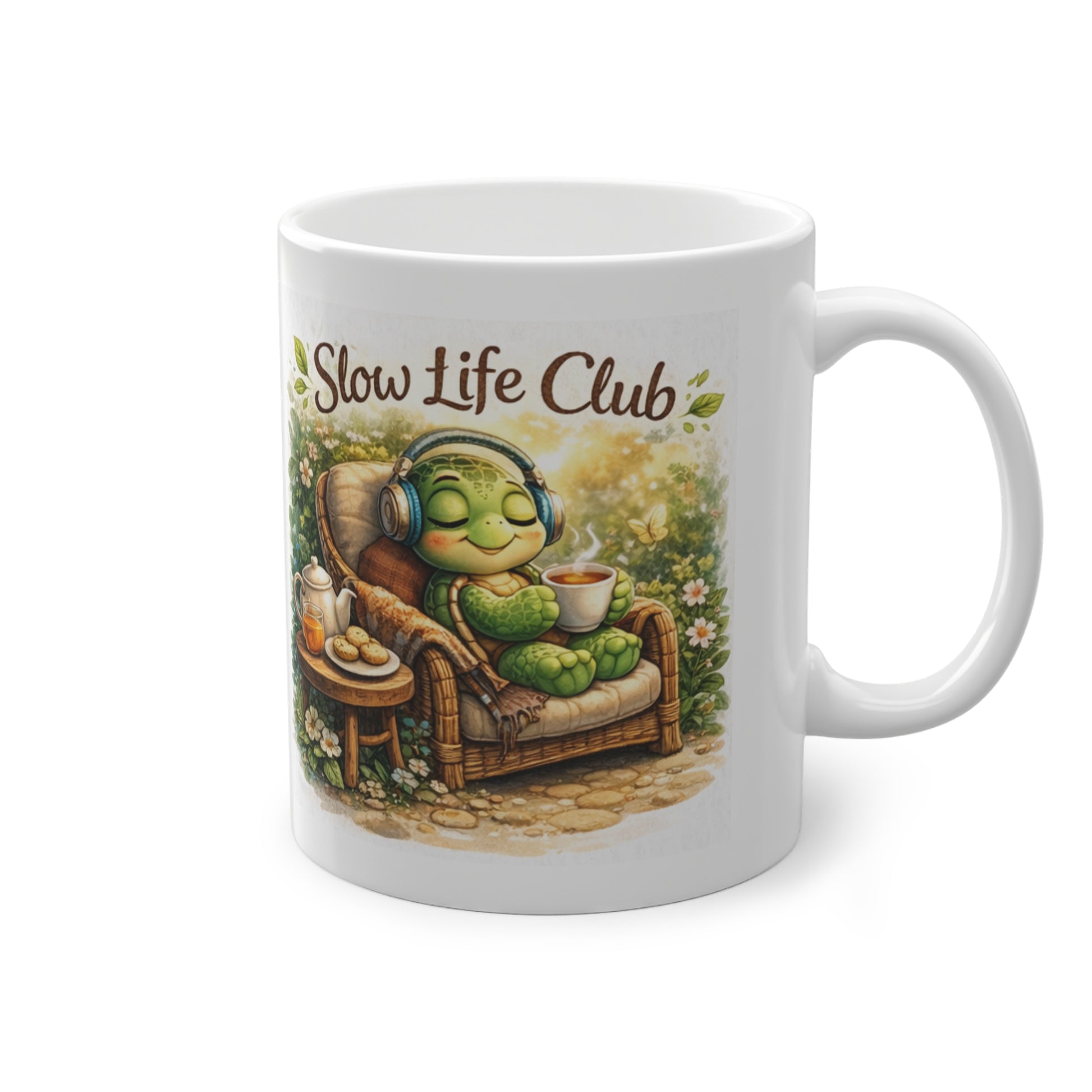 achtsamkeit tasse mit entspannter schildkröte und tee