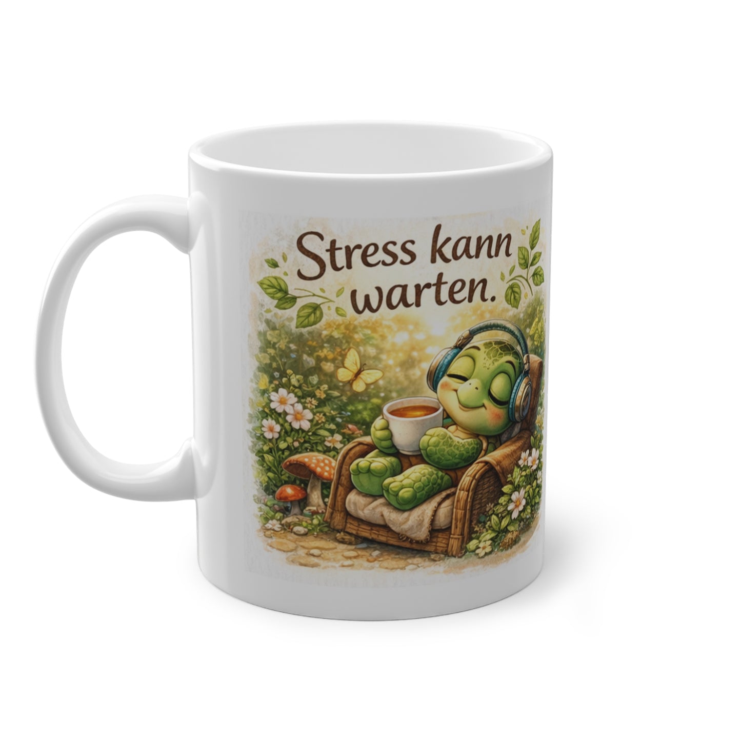 stress kann warten tasse schildkröte mit kopfhörern