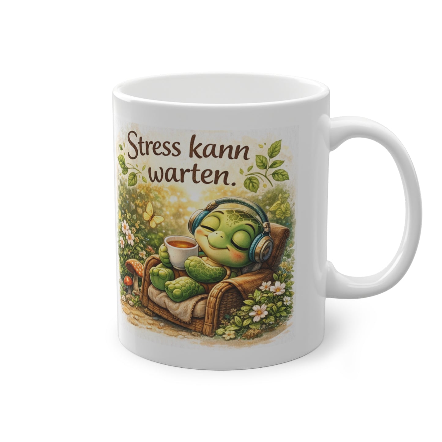 lustige tasse mit entspannter schildkröte und tee