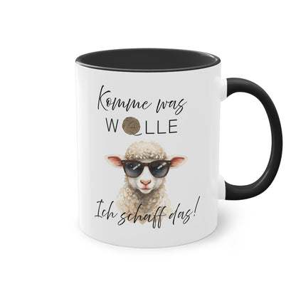 Keramiktasse mit Spruch „Komme was Wolle – Ich schaff das“ Schaf Motiv
